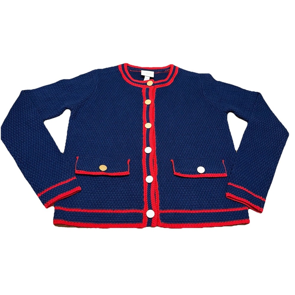 St. John's Bay Navy Blue Red Button Up Nautical Cardigan Knit Sweater Women's XS - Picture 3 of 9